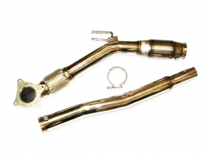 Downpipe TFSI ø 76mm for Golf 5 GTI, Golf 6 GTI, Seat Leon 1P, Audi A3, Audi TT 2.0 TFSI with 200 sport catalytic converter E-mark Euro 5 compliant stainless steel.