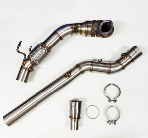 Downpipe 200 cells for Audi S3 8v Quattro, Seat Leon 5F Cupra R ST 300 Golf 7 R 4-Motion 2.0 TFSI ø 76mm stainless steel flex pipe with EC approval.