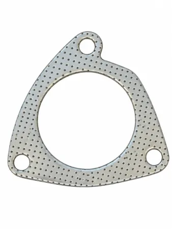 Robuste metallische 3-Loch-Dichtung für Auspuffanlagen, unregelmäßige Dreiecksform mit abgerundeten Ecken. Drei runde Befestigungslöcher und große zentrale runde Aussparung. Oberfläche mit Punktmuster für bessere Abdichtung.