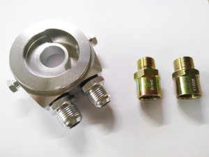 Oil filter adapter for turbo conversions with oil cooler connection D08 connections + 3/8 female thread