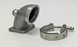 Knee piece / Downpipe cast for Fiat Coupe 2.0L 16v Turbo, Lancia Delta Integrale 2.0L 16v or 8v Turbo from turbocharger V-Band 63.5mm to 4-hole