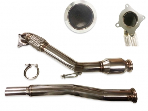 Downpipe TFSI for Golf 5 GTI, Golf 6 GTI, Seat Leon 1P, Audi A3, Audi TT 2.0 TFSI with 100 cell sports catalytic converter in ø 76mm made of stainless steel.