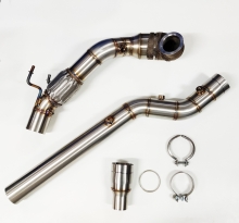 Downpipe 200 cells for Audi S3 8v Quattro, Seat Leon 5F Cupra R ST 300 Golf 7 R 4-Motion 2.0 TFSI ø 76mm stainless steel flex pipe with EC approval.