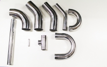 51x Aluminum pipes various - ø 76mm, 15x Aluminum pipe bend 45° ø 51mm, T-piece adapter, Aluminum pipe bend 180°, Aluminum pipe connector, Aluminum pipe bend 90°, 2mm wall thickness polished.