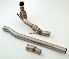 Downpipe 200 cells for Audi S3 8v Quattro, Seat Leon 5F Cupra R ST 300 Golf 7 R 4-Motion 2.0 TFSI ø 76mm stainless steel flex pipe with EC approval.